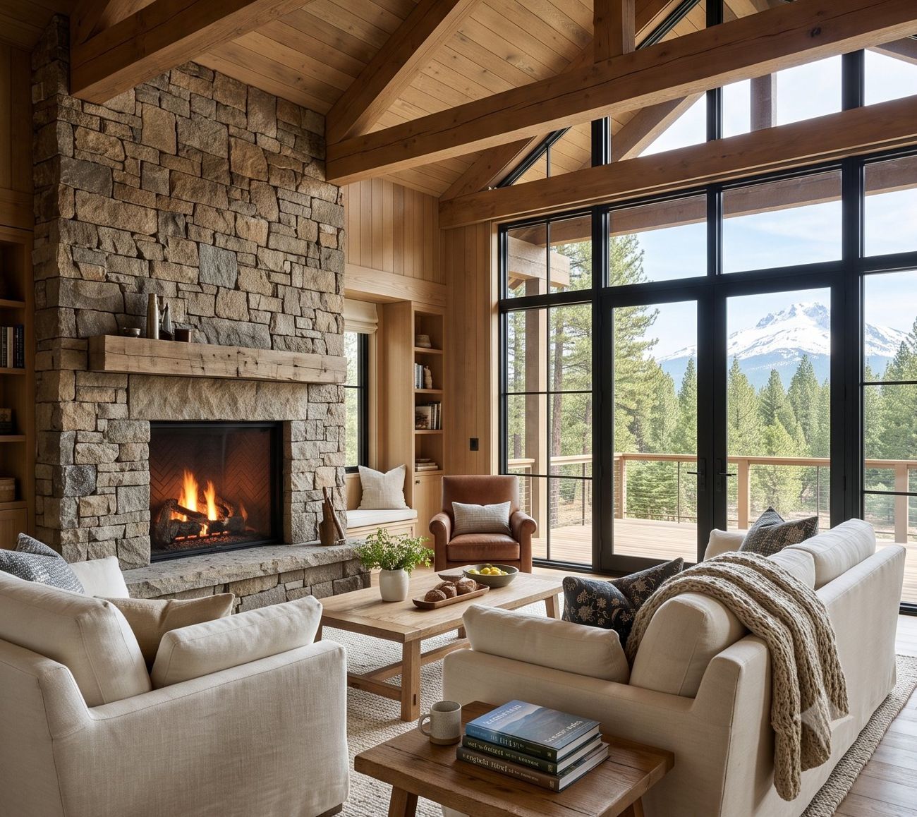 Bright great room with stone fireplace and Cascade views